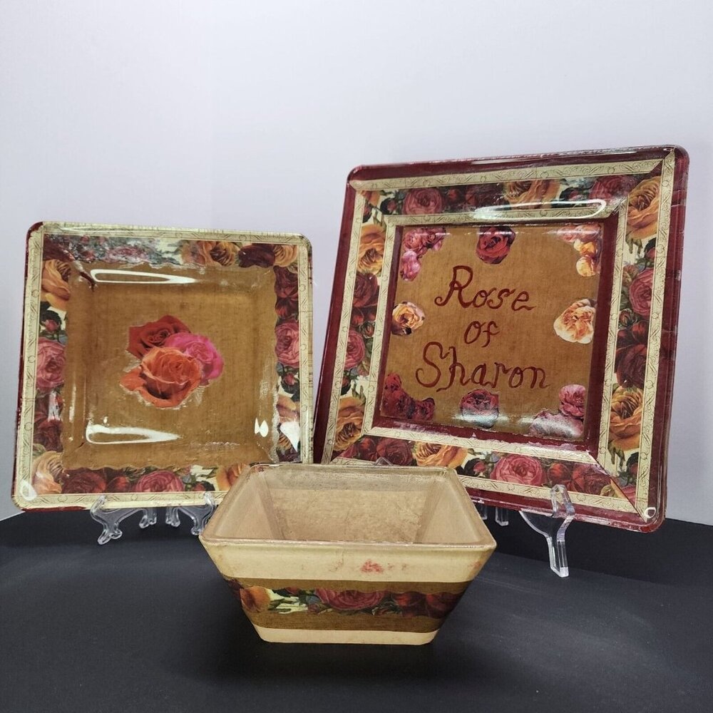 Handmade Unique Mod Podge Square Glass Plates Bowl Set 'Roses of Sharon' Design